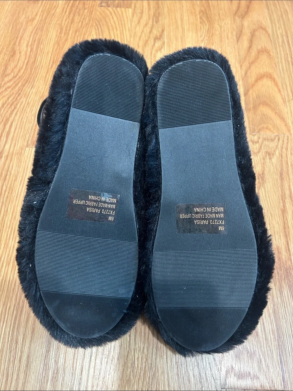 Faux Fur Black Fuzzy Slide Slippers Rhinestone Stripes elastic strap size 6 new